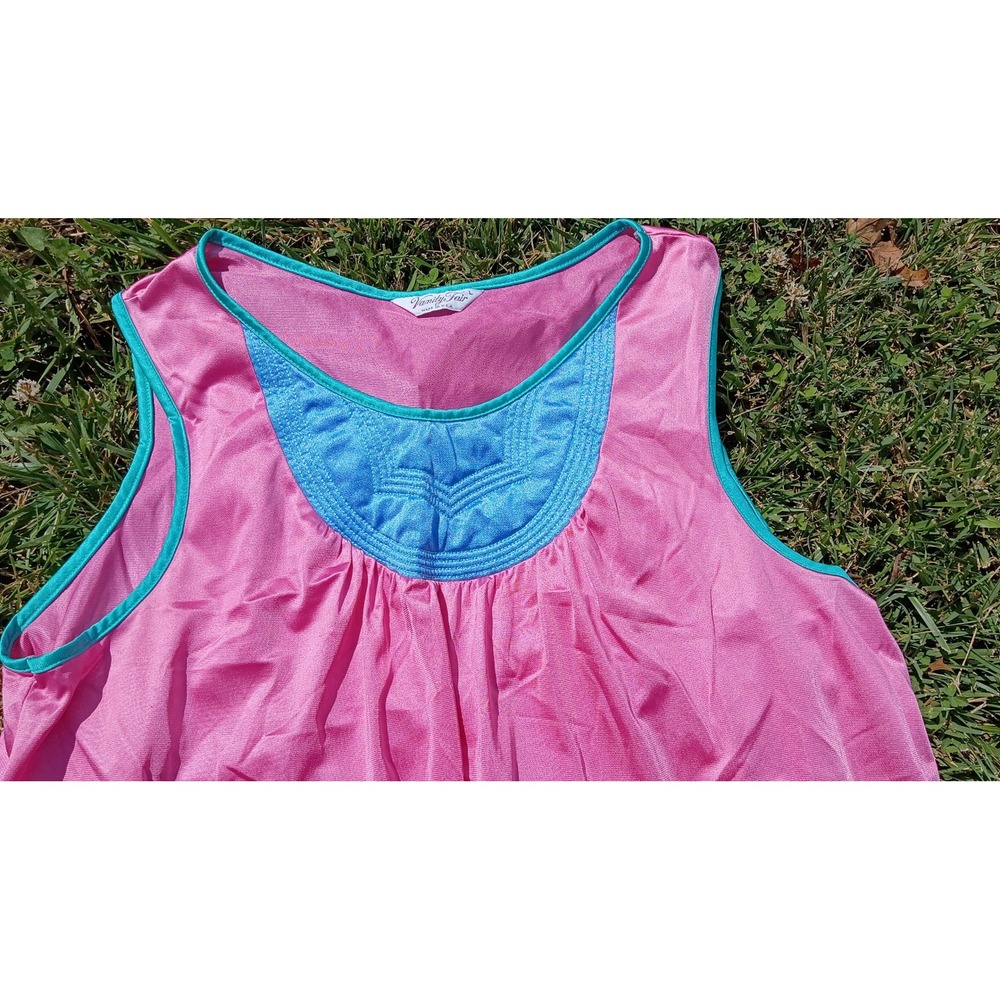 Vintage Vanity Fair Pink Sleeveless Nightgown Blue Quilted Bib Sleep Dress L - Picture 4 of 6